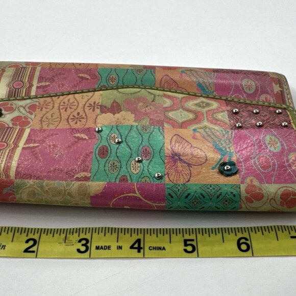 Vintage Fossil Leather Wallet Patchwork Studded Trifold Zip Snap Checkbook Cards - Picture 7 of 14